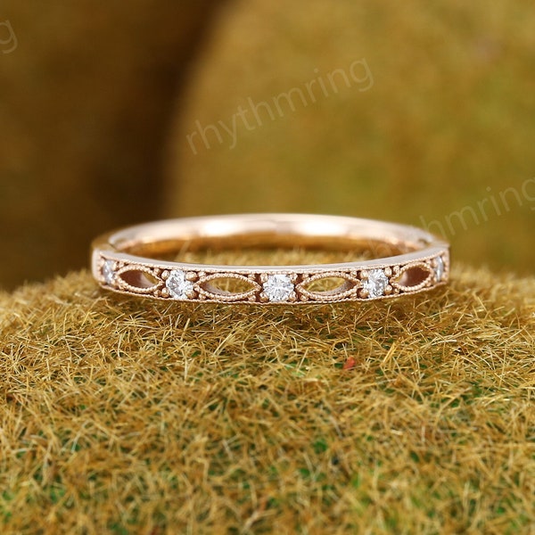 Diamond wedding band Unique rose gold wedding band women Vintage Half eternity wedding band Bridal Matching Stackable band gift for her