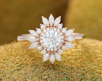 Vintage Moissaniet verlovingsring Roségouden verlovingsring Marquise Diamond cluster Halo ring Art deco trouwring Belofte verjaardag