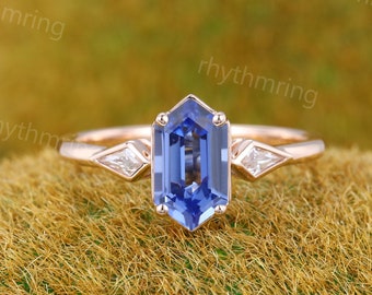 Elongated Hexagon cut Cornflower Blue Sapphire engagement ring Vintage rose gold ring Bezel ring Kite Diamond ring Promise Anniversary ring