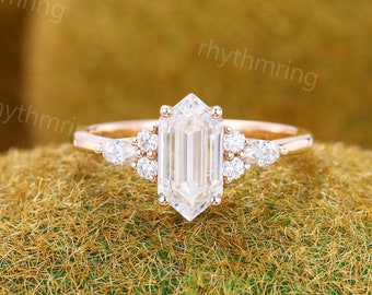 Vintage Elongated Hexagon Moissanite engagement ring Unique rose gold engagement ring marquise cut ring Wedding Promise Anniversary ring