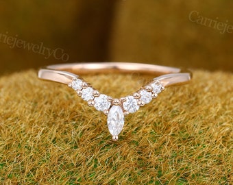Marquise Moissanite Curved wedding band Vintage Unique rose gold Chevron wedding band Diamond Bridal Matching Stacking band Promise ring