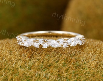 Half eternity Moissanite wedding band Unique 14K gold wedding band Vintage Delicate Marquise wedding band Bridal Matching Stackable band