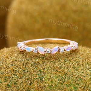 Unique Opal wedding band Pear shaped rose gold wedding band Half eternity Marquise cut opal Wedding band Bridal Matching Stackable band