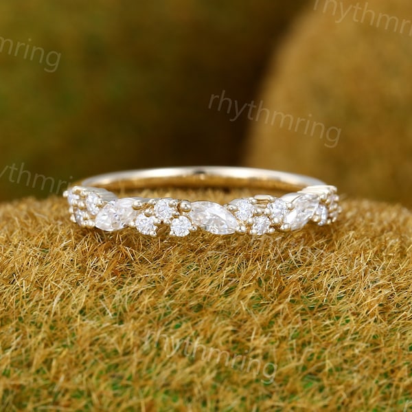 Half eternity Moissanite wedding band Unique 14K gold wedding band Vintage Delicate Marquise wedding band Bridal Matching Stackable band