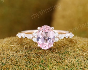 Vintage Oval Pink Sapphire engagement ring Rose gold engagement ring Unique Marquise Diamond ring Art deco Wedding Anniversary ring gift