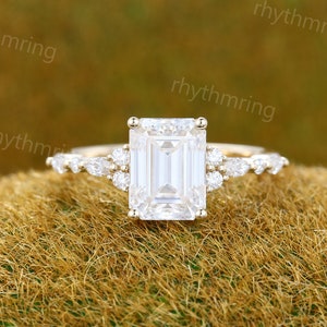 Emerald cut Moissanite engagement ring Vintage yellow gold engagement ring Marquise Diamond cluster ring Art deco Promise Anniversary ring