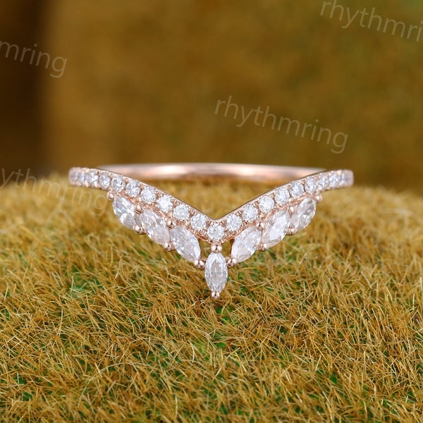 Marquise Moissanite Curved wedding band Vintage Unique rose gold art deco wedding band Diamond Bridal Matching Stacking band Promise ring