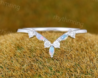 Marquise cut Natural Opal ring Curved wedding band Vintage Unique white gold wedding band Bridal Matching Stacking band Promise ring