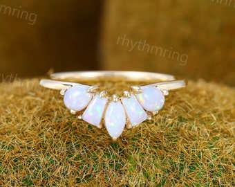 Natural Marquise Opal wedding band Yellow gold Curved wedding band Vintage Unique wedding band Bridal Matching Stacking band promise ring
