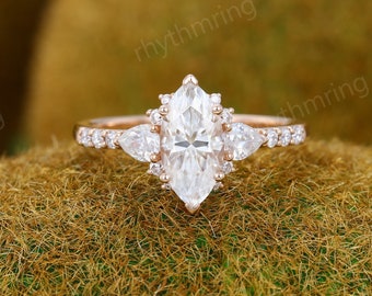 Marquise Moissanite engagement ring vintage Unique Rose gold engagement ring Pear cut Moissanite ring Cluster Promise Anniversary ring