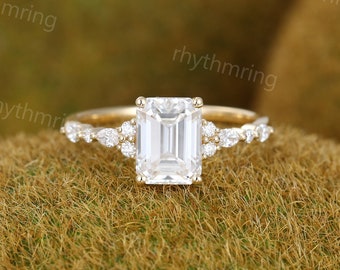 Moissanit Verlobungsring Smaragdschliff Vintage Gelbgold Verlobungsring Marquise Diamant Cluster-Ring Art-Deco- Versprechen Jubiläumsring