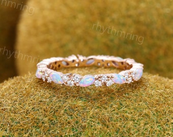 Delicate Marquise cut Natural Opal wedding band Vintage Moissanite Rose gold wedding band Full eternity ring Bridal Matching Stackable band
