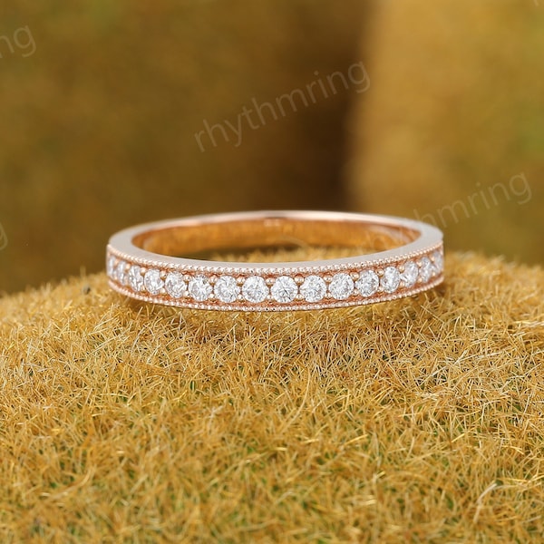 Moissanite wedding band Unique rose gold wedding band women Vintage Micro pave Half eternity wedding ring Bridal Matching Stackable ring