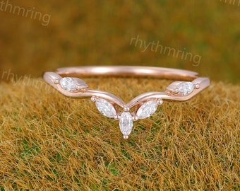 Vintage Marquise Moissanite Curved wedding band Unique rose gold art deco wedding band Diamond Bridal Matching Stacking band Promise ring