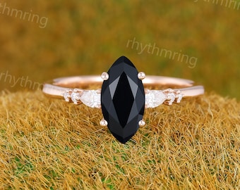 Marquise cut Black onyx ring Unique Rose gold engagement ring Pear shaped Diamond ring Wedding Bridal Promise Anniversary gift for women