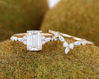 Emerald cut Moissanite engagement ring set Unique rose gold engagement ring Marquise Moonstone Wedding ring Promise Anniversary ring gift