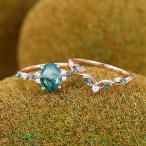 Oval Moss Agate engagement ring set Vintage Unique Solid rose gold bridal set Antique Marquise Diamond ring set Promise Anniversary ring