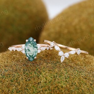Marquise Moss agate engagement ring set Vintage rose gold engagement ring Diamond Wedding ring Bridal set Art deco Promise Anniversary ring