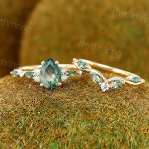 Pear shaped Moss Agate engagement ring set vintage Unique yellow gold bridal set Antique Marquise Diamond ring set Promise Anniversary ring