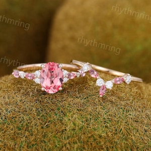 Rosa Saphir Ring Verlobungsring massiv Roségold Braut Set Marquiseschliff Rosa Saphir Ring Hochzeit Braut Versprechen Jahrestag Ringset