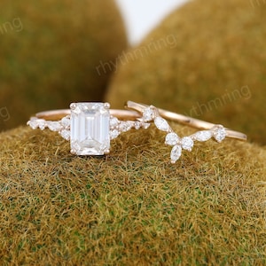 Emerald cut Moissanite engagement ring set Unique rose gold engagement ring Marquise Diamond Wedding ring Promise Anniversary ring for women