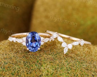 Oval Cornflower Blue Sapphire engagement ring set Vintage Rose gold ring Marquise cut Diamond cluster ring Promise Anniversary ring set