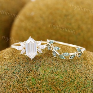 Elongated hexagon cut Moissanite engagement ring set Moss Agate yellow gold ring Marquise Diamond ring Art deco Promise Anniversary ring