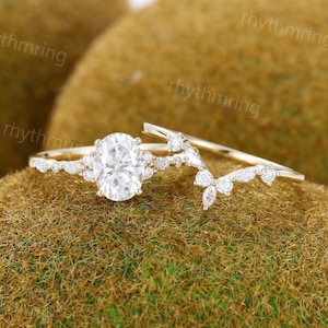 Oval Moissanite engagement ring set vintage Unique yellow gold bridal set Antique Marquise Diamond ring Promise Anniversary ring for women