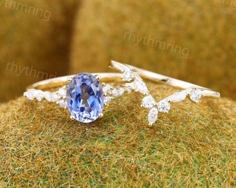 Oval Cornflower Blue Sapphire engagement ring set Vintage Yellow gold ring Marquise cut Diamond cluster ring Promise Anniversary ring set