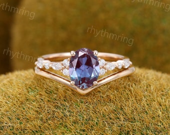 Alexandrite engagement ring set Vintage Oval Rose gold Alexandrite ring Marquise Diamond ring June Birthstone Art deco Promise ring set