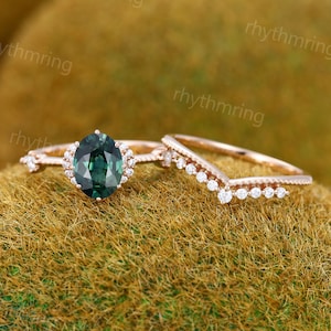 Oval Teal sapphire engagement ring set Vintage Green blue sapphire Rose gold engagement ring Diamond cluster ring Wedding Anniversary ring