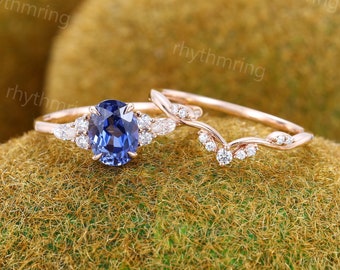Oval Cornflower Blue Sapphire engagement ring set Vintage rose gold ring Marquise cut Diamond cluster ring Wedding Anniversary ring set