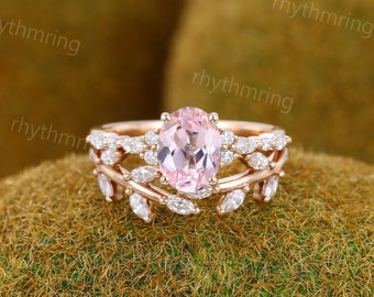 Vintage Pink Sapphire engagement ring set Oval Rose gold ring Unique Marquise cut Diamond ring Art deco Open ring Wedding Promise ring gift