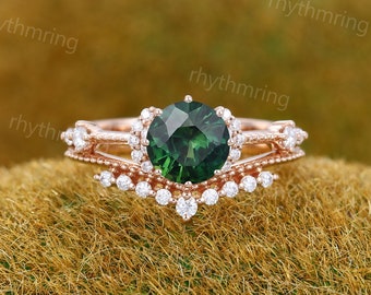 Vintage Teal sapphire engagement ring set Unique Green blue sapphire Rose gold engagement ring Diamond cluster ring Wedding Anniversary ring