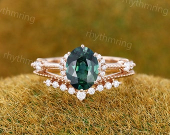 Oval Teal sapphire engagement ring set Vintage Green blue sapphire Rose gold engagement ring Diamond cluster ring Wedding Anniversary ring
