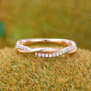 Vintage Twisted Moissanite wedding band Unique Rose gold wedding band Art deco Diamond ring Wedding Matching Stacking band gift for women