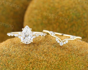 Verlobungsring mit 1,5 Karat birnenförmigem, im Labor gezüchtetem Diamanten, IGI-Zertifikat, Gelbgoldring, Marquise-Schliff, Brautset zum Hochzeitstag