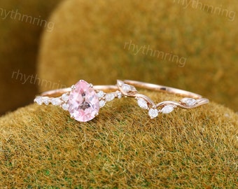 Pink Sapphire engagement ring set Vintage Pear shaped rose gold ring Unique Marquise cut Diamond ring Wedding Promise Anniversary gift