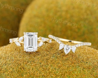 1.7ct Smaragd Schnitt Labor gewachsen Diamant Verlobungsring IGI Zertifikat Ring Gelbgold Braut Set Natur Inspiriert Ring Ehering Geschenk