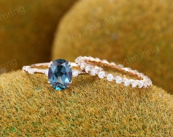 Oval Alexandrite engagement ring set Vintage Rose gold engagement ring Milgrain ring Art deco full eternity ring Promise Anniversary ring