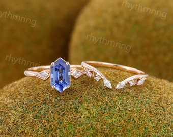 Cornflower Blue Sapphire engagement ring set Vintage Elongated Hexagon cut rose gold ring Kite cut Diamond ring Promise Anniversary ring set