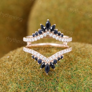 Marquise Black Sapphire Curved wedding band Vintage moissanite rose gold art deco Double band Diamond Matching Stacking band Promise ring
