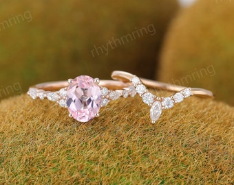 Pink Sapphire engagement ring set Vintage Oval rose gold ring Unique Marquise cut Diamond cluster ring Curved ring Wedding Anniversary gift