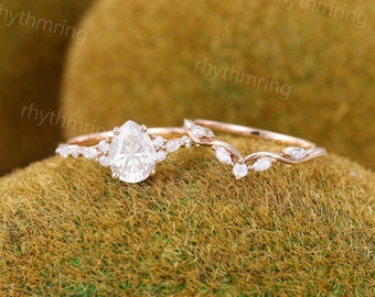 Unique Pear shaped Moissanite engagement ring Rose gold engagement ring set Marquise Diamond Curved ring Art deco Promise Anniversary ring