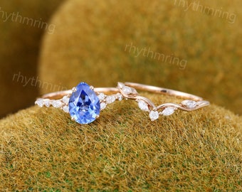 Set di anelli di fidanzamento con zaffiro blu fiordaliso a forma di pera Anello vintage in oro rosa Anello curvo con diamante taglio marquise Anello anniversario di matrimonio