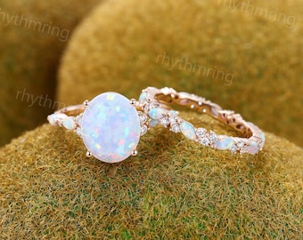Vintage Opal engagement ring set Unique Diamond rose gold ring Full eternity Opal cluster ring Art deco Bridal ring Wedding Anniversary ring