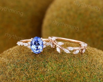 Set di anelli di fidanzamento ovale con fiordaliso blu zaffiro Anello vintage in oro rosa Anello con grappolo di diamanti taglio marquise Anello di anniversario di promessa di matrimonio