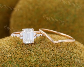 Unique Emerald cut Moissanite engagement ring set Simple rose gold engagement ring set Plain Curved Wedding ring Promise Anniversary ring