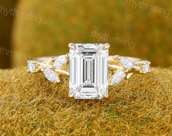 1.7ct Smaragdschliff Labor gewachsener Diamant Verlobungsring IGI Zertifikat Ring Gelbgoldring Blattring Natur Inspirierter Ring Brautgeschenk