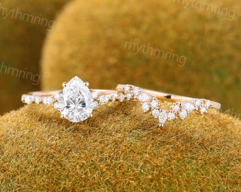 1ct Birnenförmiger Labrador Diamant Verlobungsring Set IGI Zertifikat Ring Roségoldring Marquise Cut Braut Set Versprechen Jubiläumsring